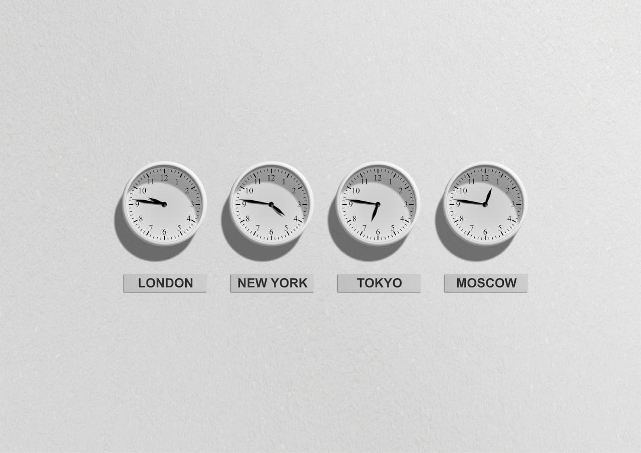 London, New York, Tokyo and Moscow clocks on a wall